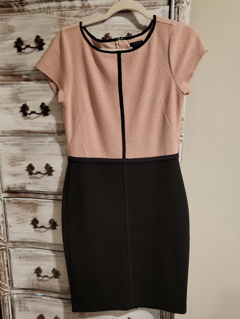 Classic Two-Tone Pink/Tan and Black Sheath Dress by Ann Taylor